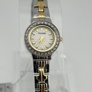 Pulsar Swarovoski Crystal Watch Women‎ 20mm Case Two Tone Flip Band- New Battery